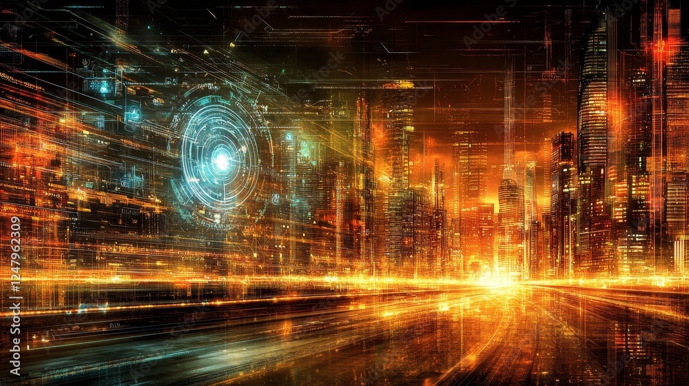 Fiery Metropolis Futuristic Cityscape Digital Art Abstract Background