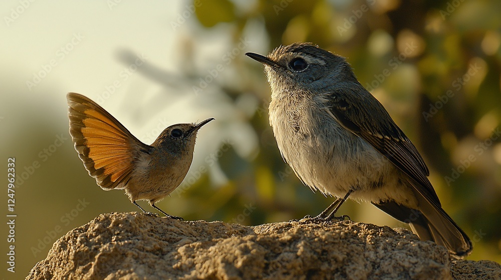 Fototapeta premium Two birds on a rock, interacting, sunlight