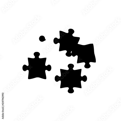 Black puzzle pieces scattered on a white background, symbolizing an incomplete puzzle, with one piece isolated.