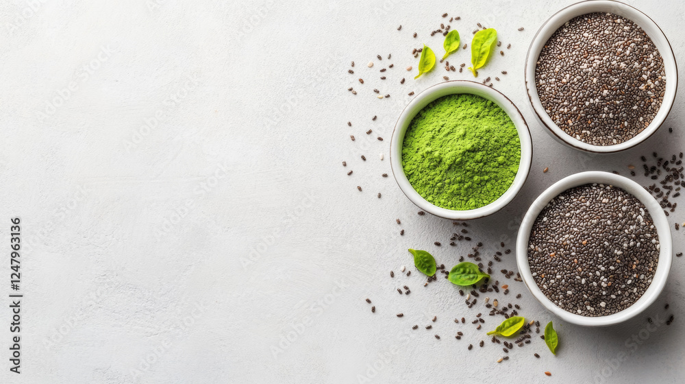 Fresh superfoods in bowls, including green powder and seeds, arranged on light background. Perfect for healthy eating and nutrition Fresh superfoods in bowls, including green powder and seeds, arranged on light background. Perfect for healthy eating and nutrition