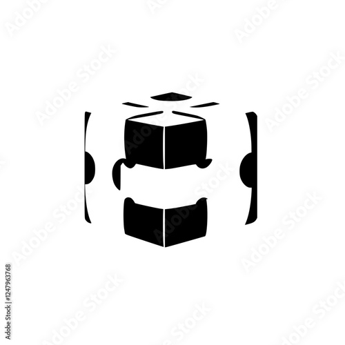 Cube-shaped abstract design with black and white negative space, clean lines and a minimalist approach.