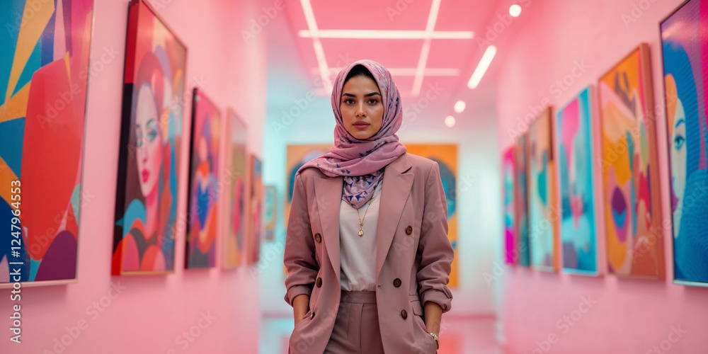 Obraz premium Beautiful muslim woman isolated against a city background business woman smiling in front of an office buildings. Young woman wearing a hijab. generative AI