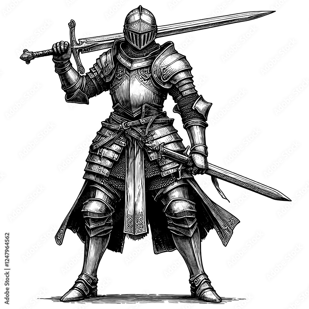 Knight with two-handed sword, full armor, line sketch engraving, black and white Knight with two-handed sword, full armor, line sketch engraving, black and white
