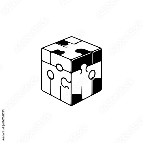 Isometric puzzle cube illustration with a black and white minimalist style, showing a cube composed of puzzle pieces.