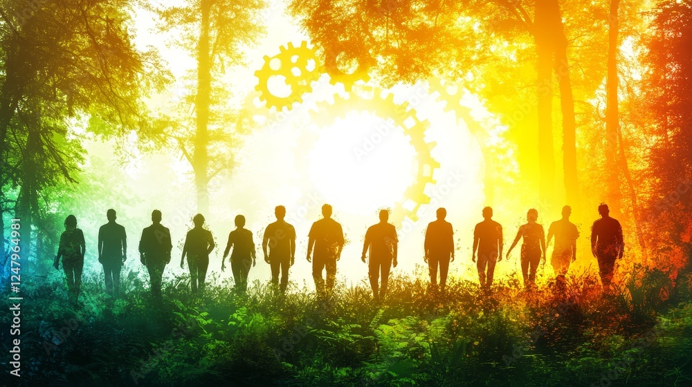 Fototapeta premium Silhouetted Figures Walking Through a Vibrant Sunlit Forest Path