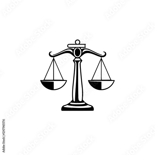 A stylized black and white illustration of a balance scale inside a circle. The scales are split in two color and the scales are black and white in each half