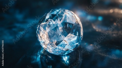 Wallpaper Mural A crystalline sphere, faceted and light, resting on a reflective dark surface with a blue-toned backdrop Torontodigital.ca