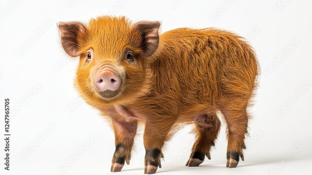 Fototapeta premium Adorable reddish-brown piglet standing on white. Perfect for farm, animal, or pet themes, evokes warmth and cuteness.