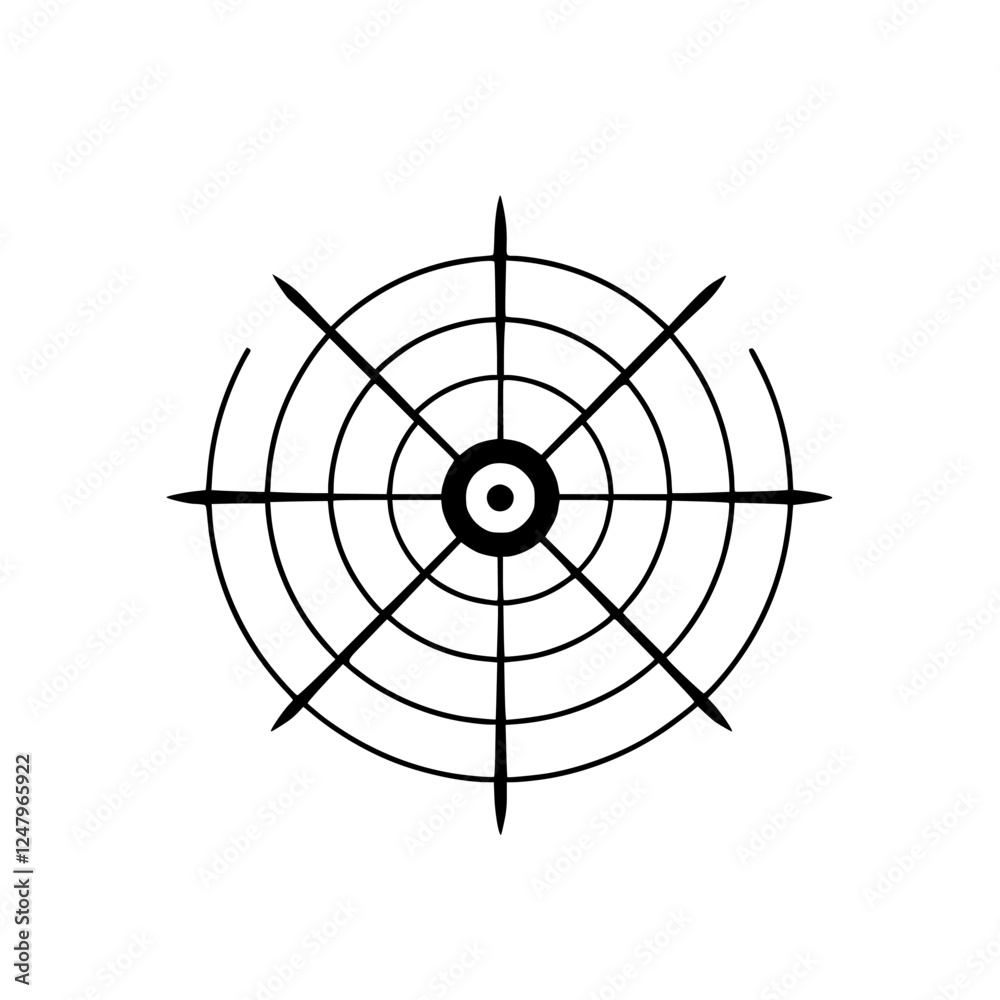 Black and White Target with Concentric Circles and Spokes Radiating Outward