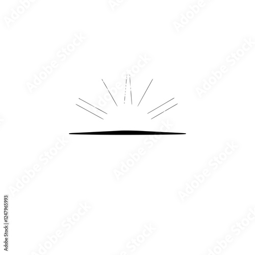 Minimalist representation of a sunrise or sunset, featuring a black horizontal line and radiating lines.