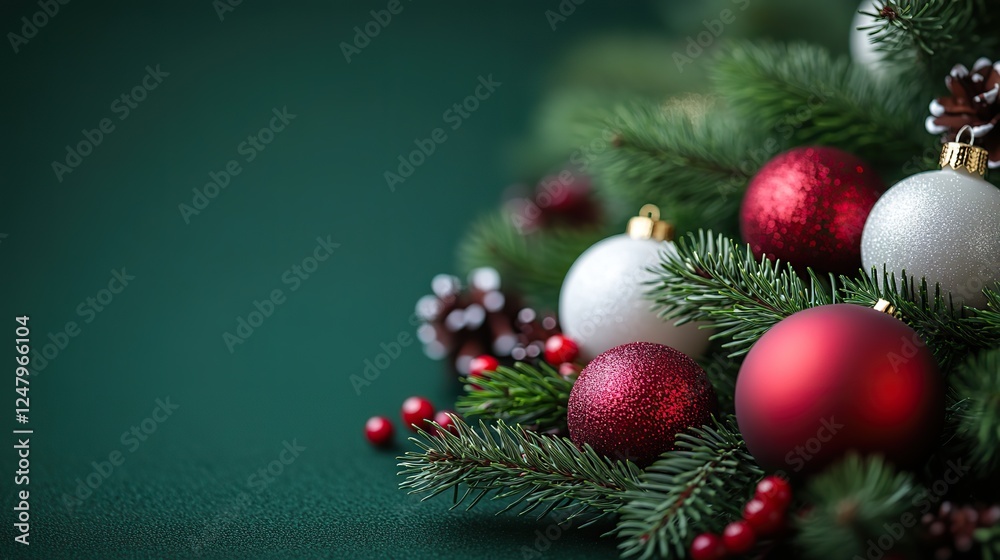 Red and white Christmas tree balls adorn pine branches set against a green background with copyspace. Red and white Christmas tree balls adorn pine branches set against a green background with copyspace.