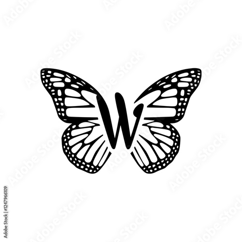 Butterfly with Letter W Monogram Logo, Black and white butterfly illustration featuring an elegant letter W monogram, creating a stylish and artistic logo design on a white background.  
  
