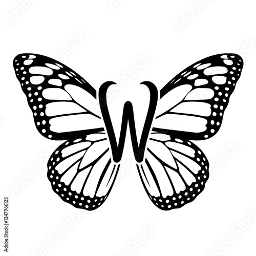 Butterfly with Letter W Monogram Logo, Black and white butterfly illustration featuring an elegant letter W monogram, creating a stylish and artistic logo design on a white background.  
  
