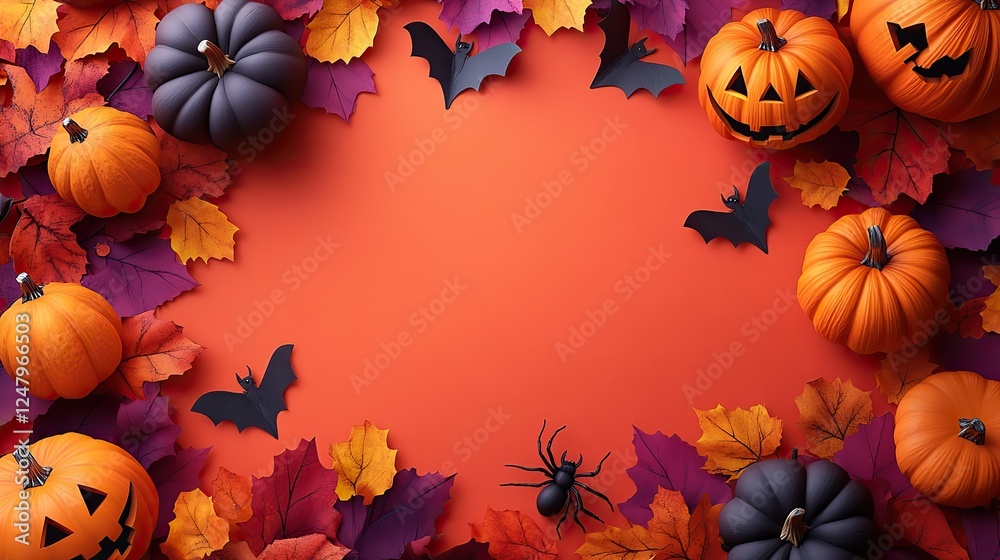 This creative Halloween background features pumpkins, bats, and spider decorations on vibrant orange and purple paper for festive celebrations. This creative Halloween background features pumpkins, bats, and spider decorations on vibrant orange and purple paper for festive celebrations.