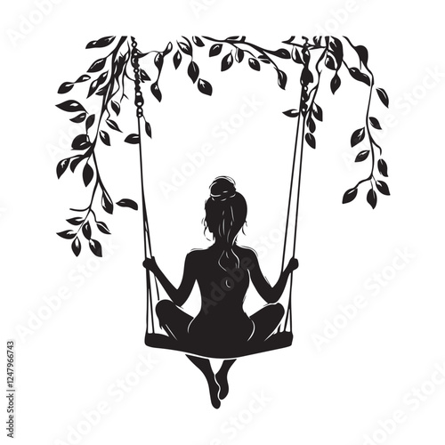 Girl play swinging swing under the tree silhouette vector on white background.