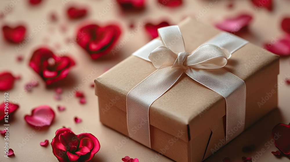 Obraz premium Top view photo of Saint Valentine's Day decorations a craft paper gift box with a white ribbon bow with copyspace on an isolated beige background.