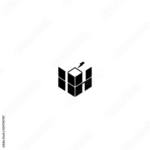 Cuboid with lightning, geometric symbol on white background, black and white minimal composition.