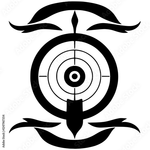 Symbolic black and white image of a target, a target with crosshairs and a cross-shaped element.