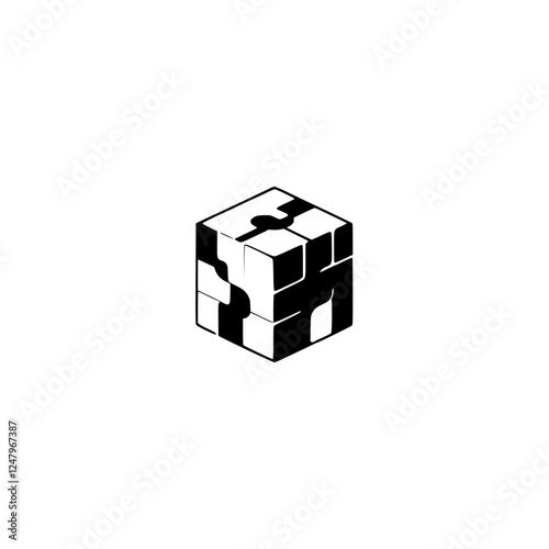 Cubical Puzzle: A black and white illustrative image of a cube with a complex, geometric pattern.
