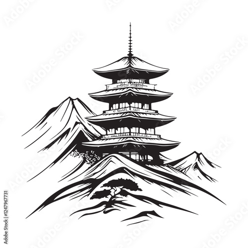 Pagoda Vector Image. Traditional Asian Pagoda temple in japan vintage vector image 