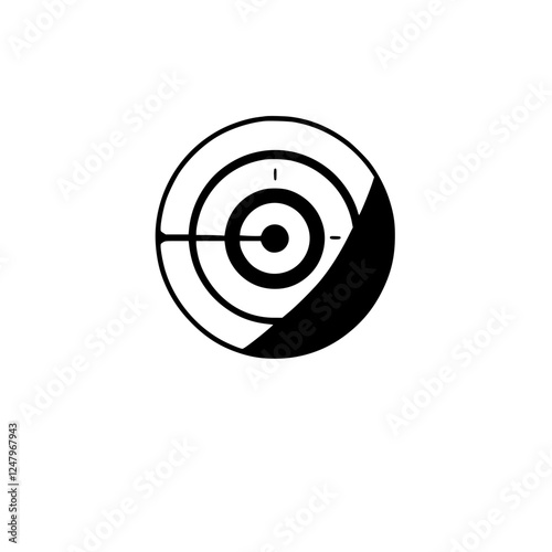 Black and white minimalist target symbol with a modern design and partial shaded dark semi-circle.