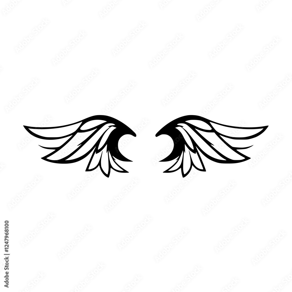 Fototapeta premium Black stylized wings outline, symmetrical graphic, white background, minimalist illustration, bold design.