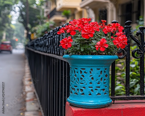 Vibrant red flowers in blue pot on city street photo