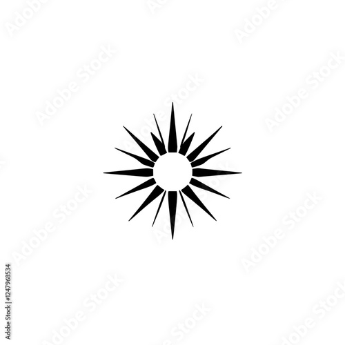 Abstract black-and-white geometric illustration of a stylized sun with sharp triangular rays emanating from a central white circle, set on a white background.