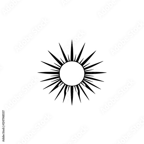 Black sunburst illustration, minimalist, symmetrical, stark and geometric with radiating light.