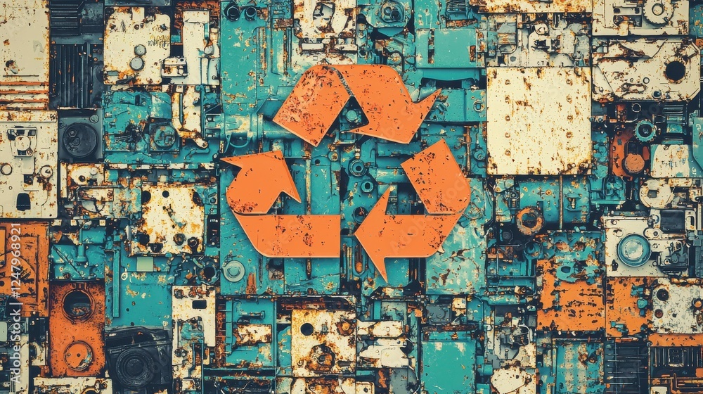 Naklejka premium Colorful recycle symbol on a textured background of discarded materials.