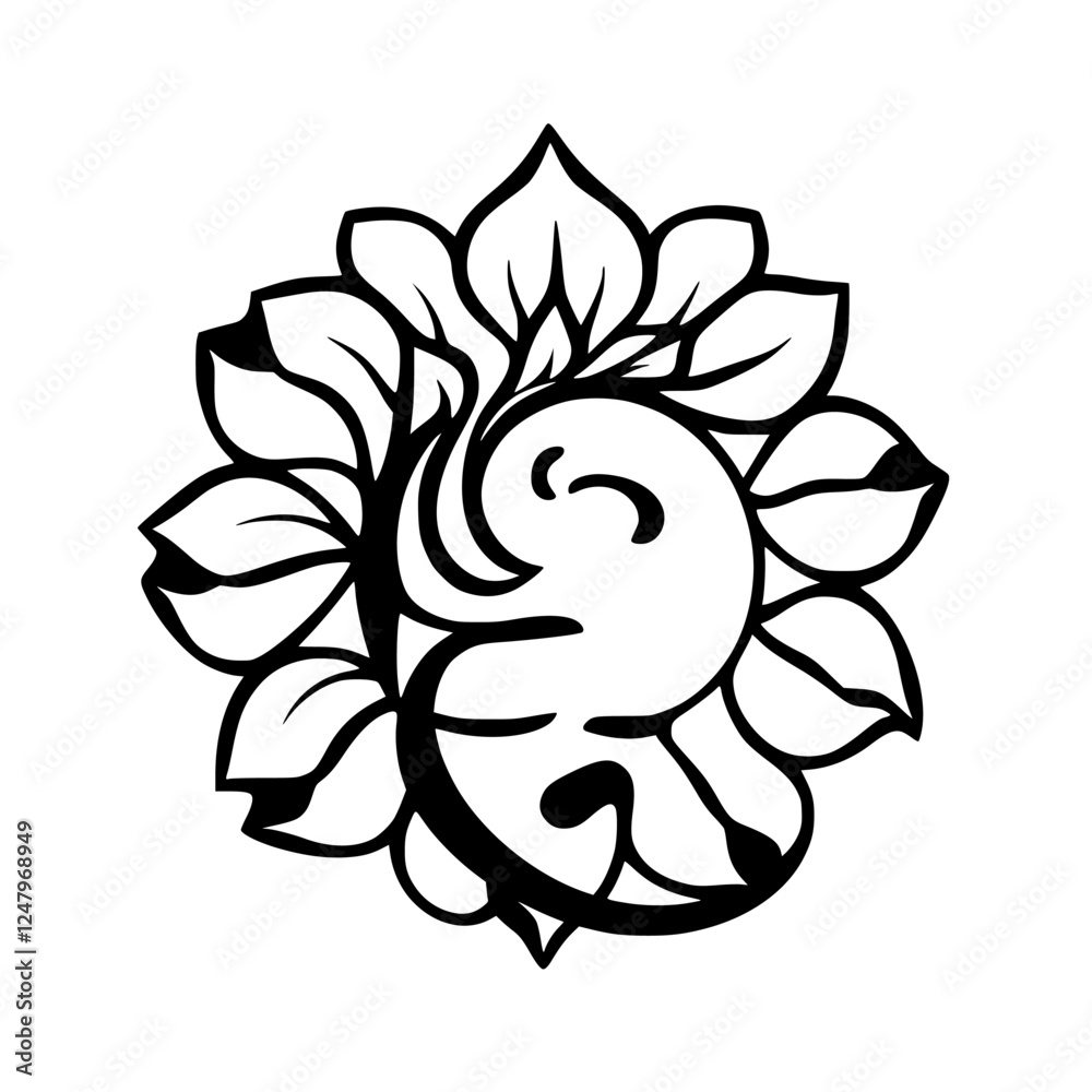 Floral silhouette pattern with leaves and a swirly motif, black and white.