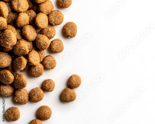 Brown dry dog food pellets scattered on a white background