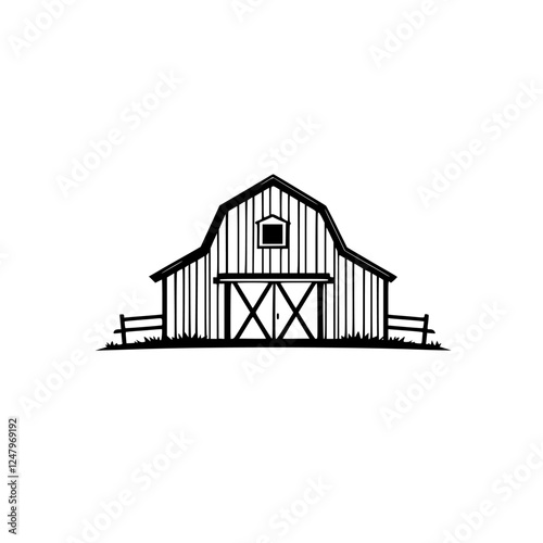 Black and white barn illustration of a rustic farm building, with a simplistic design.