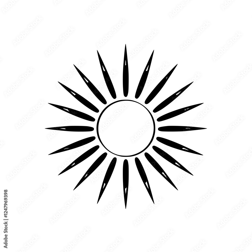 Black Sunburst: A clean minimalist illustration of a sun with spiky rays against a white background. Black Sunburst: A clean minimalist illustration of a sun with spiky rays against a white background.