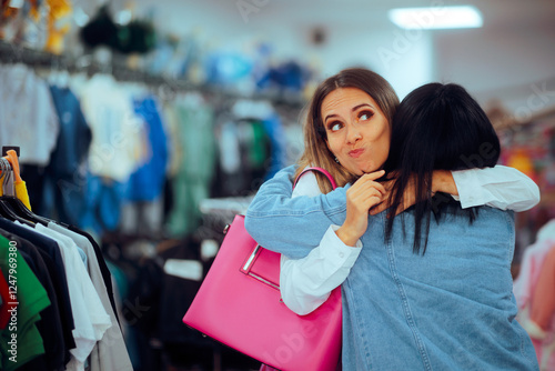 Fake Friends Hugging in a Fashion Store Making Grimaces. Two strained bbfs reuniting after a long time no see
