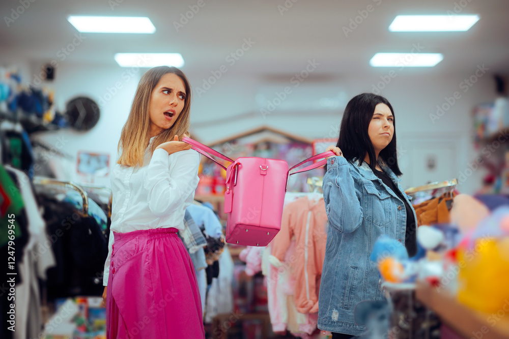 Women Fighting over a Purse in a Fashion Store. Customers behaving irrational due to big sale season arguing in a mall
Women Fighting over a Purse in a Fashion Store. Customers behaving irrational due to big sale season arguing in a mall
