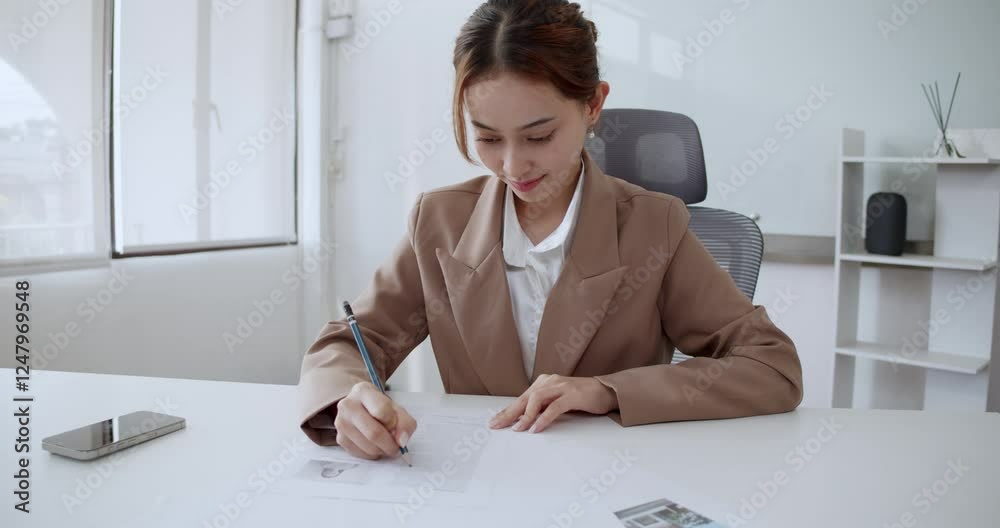 A businesswoman diligently signs important documents in a sleek office environment. A businesswoman diligently signs important documents in a sleek office environment.