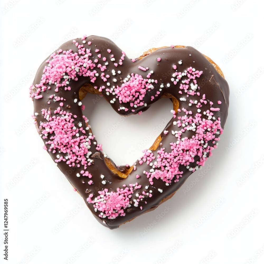 A chocolate-covered pretzel in a heart shape with pink sugar sprinkles, on isolated white background A chocolate-covered pretzel in a heart shape with pink sugar sprinkles, on isolated white background