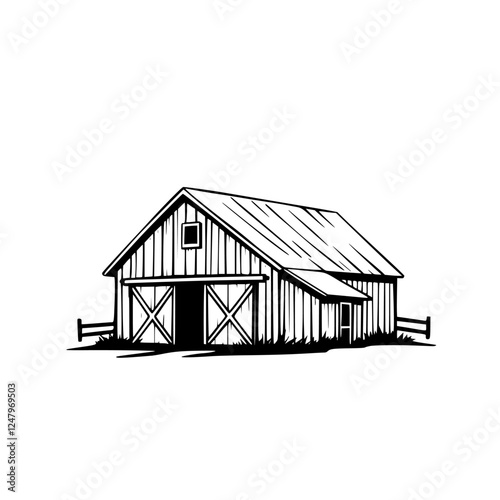 Barn illustration in black and white. Showing an open barn door, and short fence and small window.