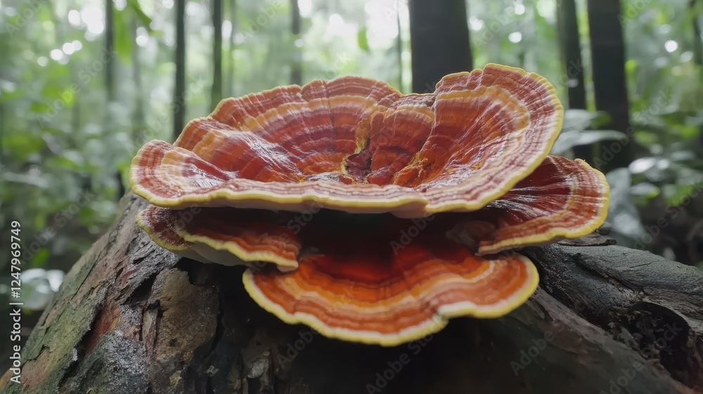Vibrant red and orange shelf fungus on wood. Ideal for nature, fungi, or medicinal themes.