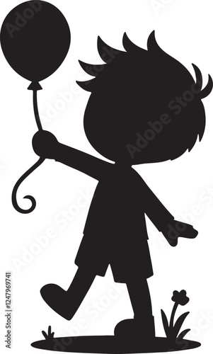 boy kid holding a balloon clip art silhouette design vector illustration.