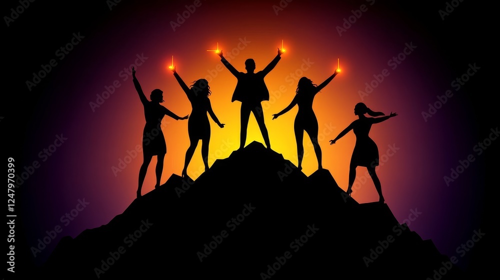 Silhouette of Four Achievers Reaching Summit at Sunset Triumphant Teamwork Peak Success Celebration
