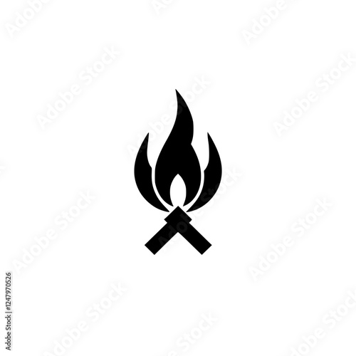 Minimalist black and white icon of a campfire, illustrating a campfire with simple style, isolated on white.