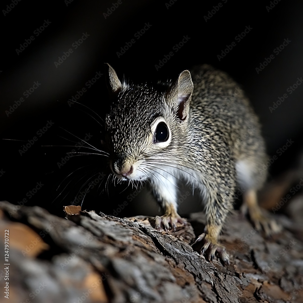 Fototapeta premium Nocturnal squirrel on log at night