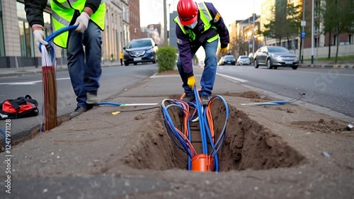 Telecommunication engineers in hard hats installing fiber optic cables underground, enhancing high-speed internet connectivity for urban areas