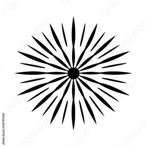 Black and white radial artwork of a star-like design. The design is a starburst shape of sharp black spikes emanating from a central black circle.