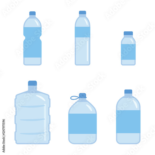 Vector illustration of bottled water collection on white background. Plastic bottles of different sizes.