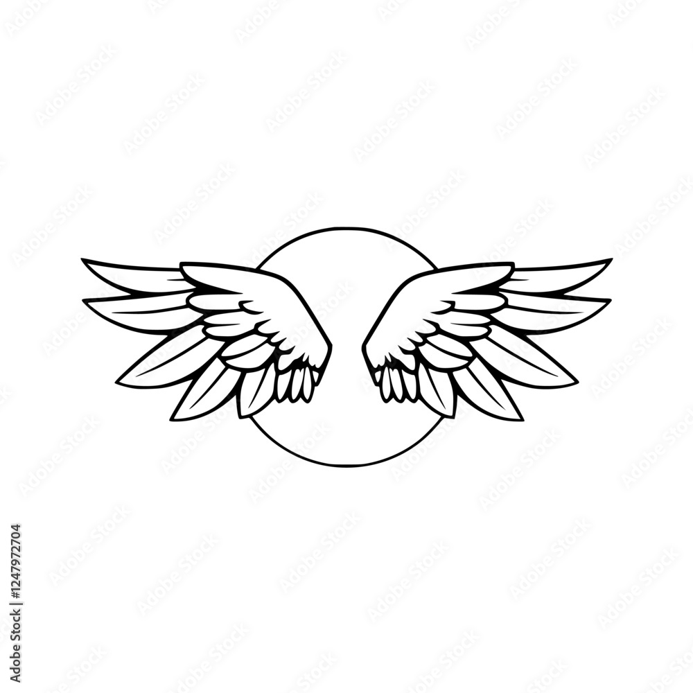 Obraz premium Black-and-White Winged Symbol, centered over a circle.