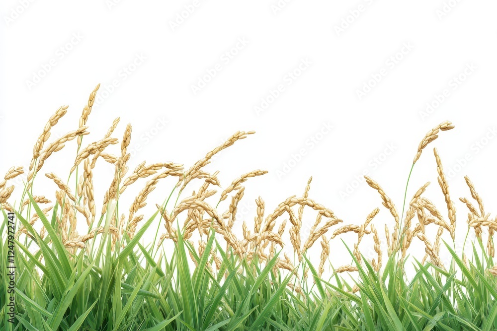 Obraz premium Golden rice stalks sway gently in the breeze, lush green grass at their base. Perfect for agricultural, harvest, or food-related projects.