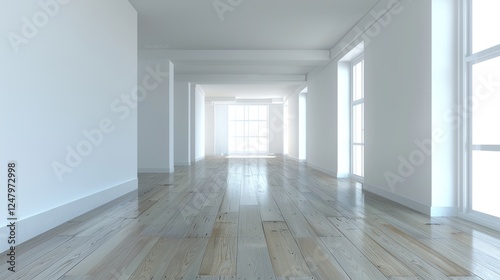 A large room with a white door and two windows
